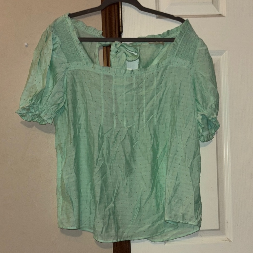 Blu Pepper Mint Green Puff Sleeve Swiss Dot Blouse